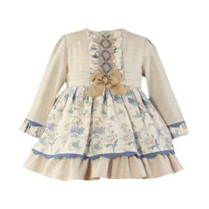 Elegant Cream and Blue Floral Kids Formal Dress